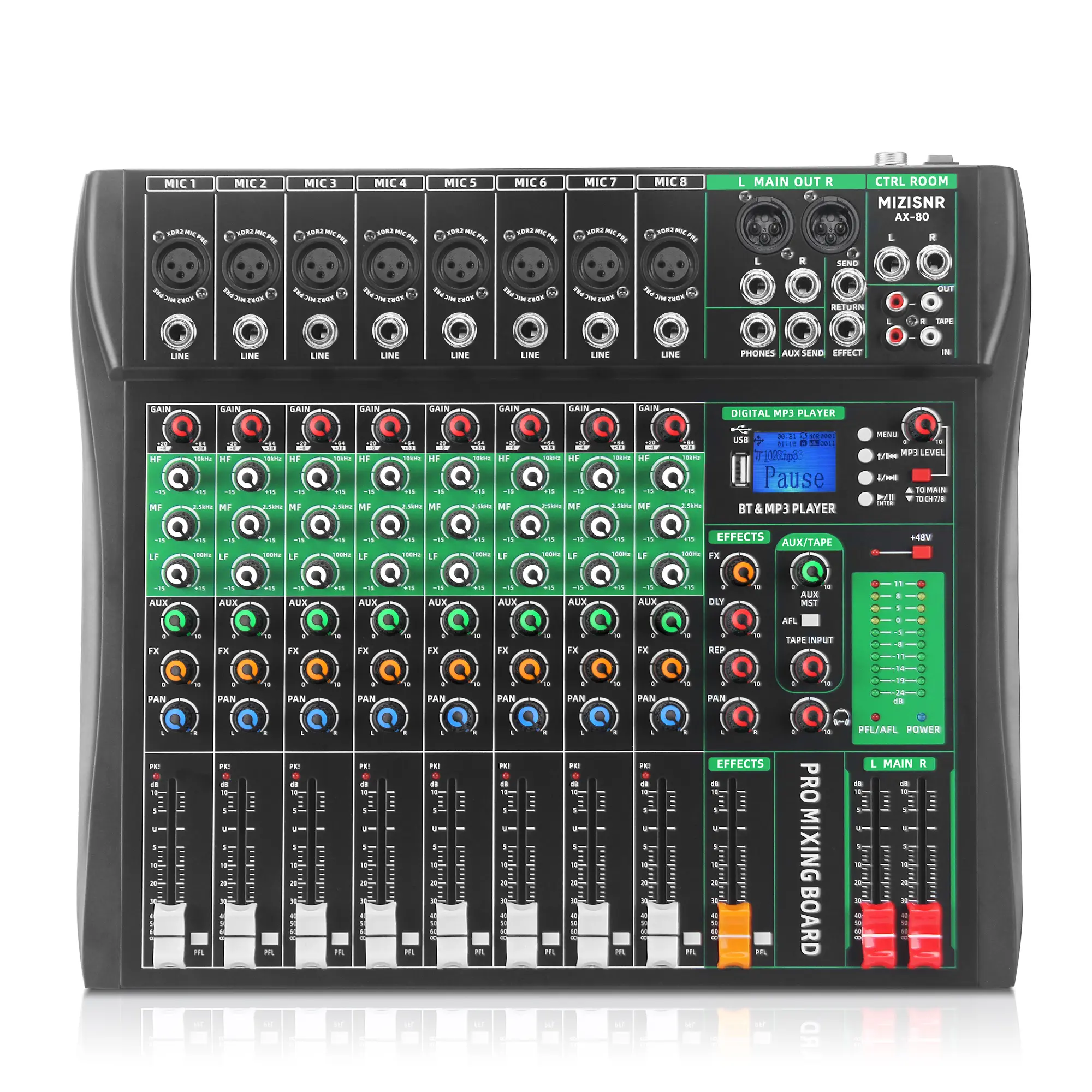 Professional 8-Channel Digital Stereo Audio Mixer Board - Bluetooth Amplifier Mixer with Built-In Amplifier, Reverb, 48V Phantom Power, Wireless Bluetooth, USB Port, Noise Reduction for Recording, Karaoke, Built-In Amplifier Mixer