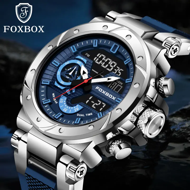 Foxbox Men's Fashion Quartz Watch - 46mm, 50M Water Resistance (30M - 50M Range), Analog-Digital Display, Luminous, Buckle Closure, Built-In Alarm, Ideal for Active Lifestyles