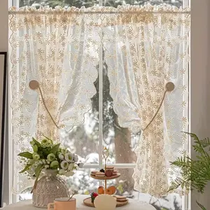 1pc French Cream Lace Embroidered Sheer Window Curtain Set, Small Floral Design, Easy Hanging, Rod Pocket, Perfect for Living Room Bedroom