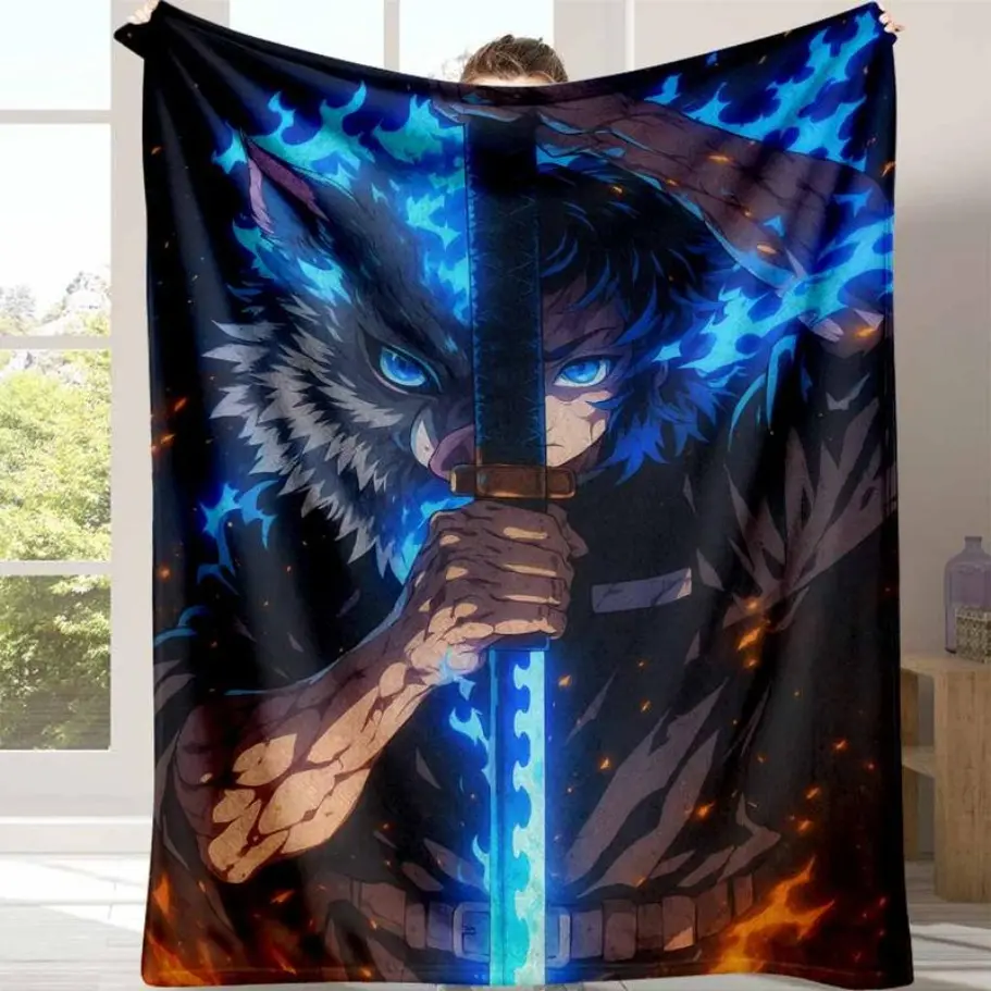Demon Slayer Character Graphic Flannel Blanket - Inosuke Hashibira Sword Bold Vibrant Print, Ultra Soft, Lightweight, Warm, Cozy, Wrinkle Resistant, All Seasons, Ideal for Sofa, Bed, Gifts, Anime Lovers, Neutral, Demon Slayer Character Graphic Blankets