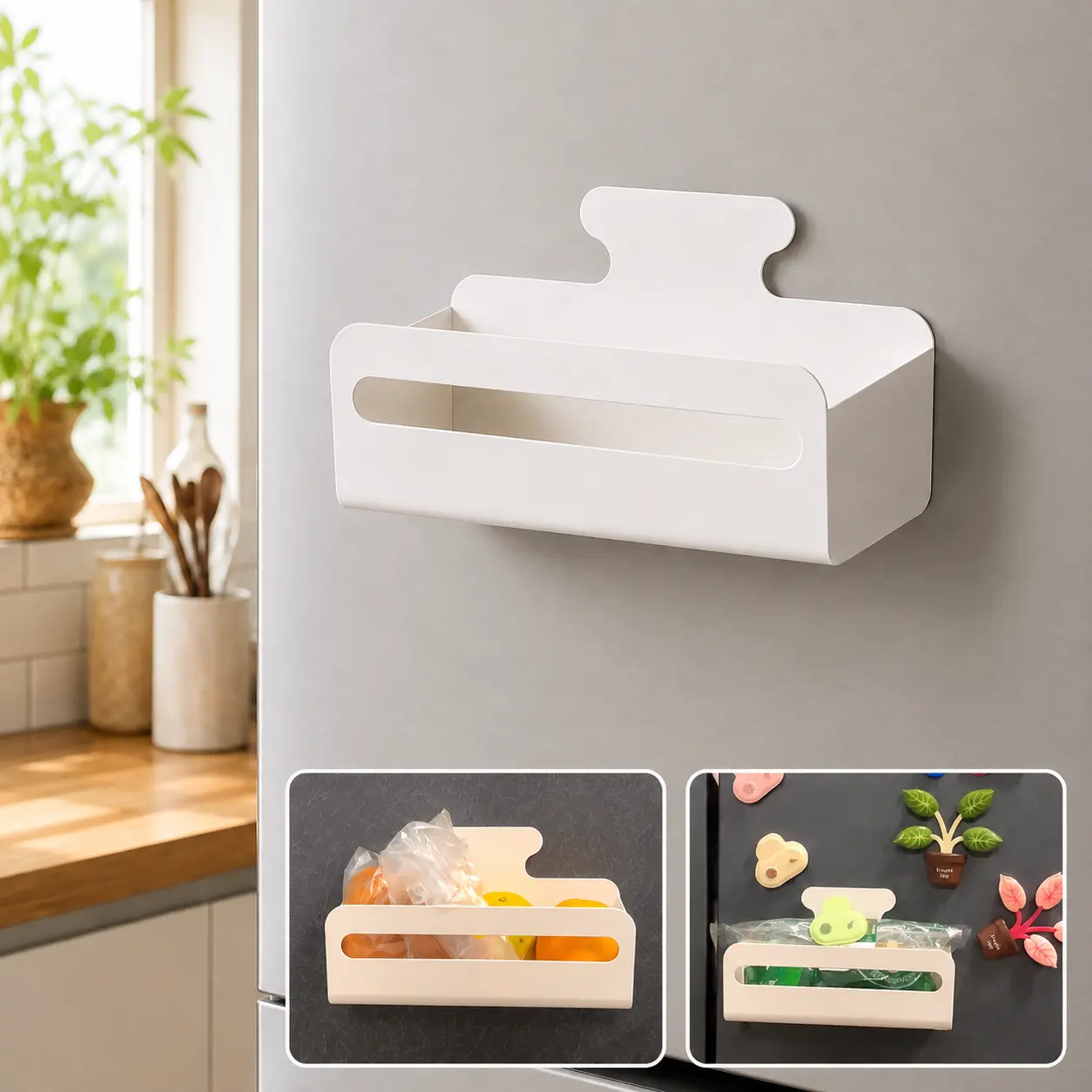 Magnetic Wall Mount Storage Box with Magnetic Clips, Includes 2 Plant Clip Sets (8 Clips) or 5 Date Clips, Refrigerator Kitchen Organizer
