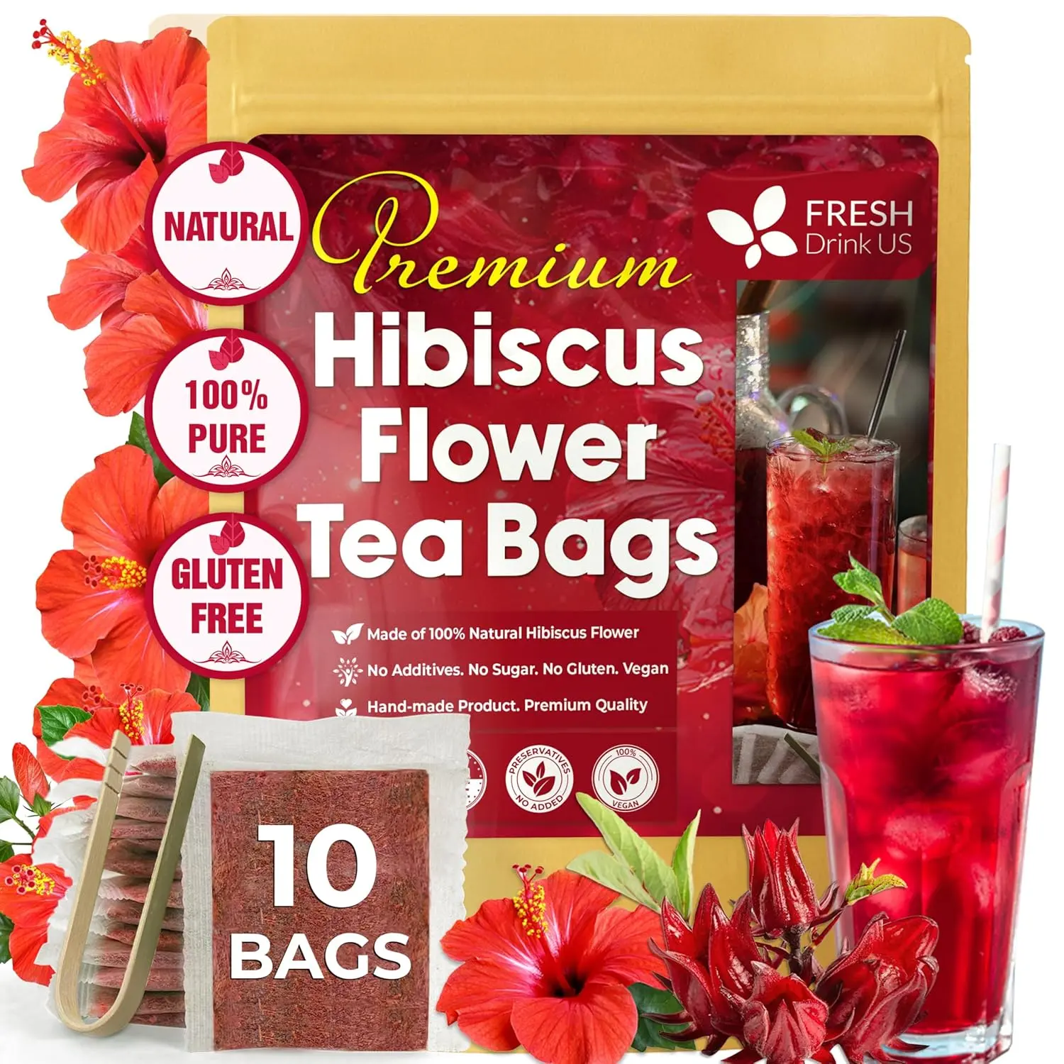 【FreshDrinkUS】 Premium 10 Hibiscus Flowers Tea Bags, 100% Natural, Pure from Hibiscus Flowers. Loose Flower Hibiscus Herbal Tea. Hibiscus Flower Tea. No Sugar, No Caffeine, No Gluten, Vegan. hibiscus tea Beverage