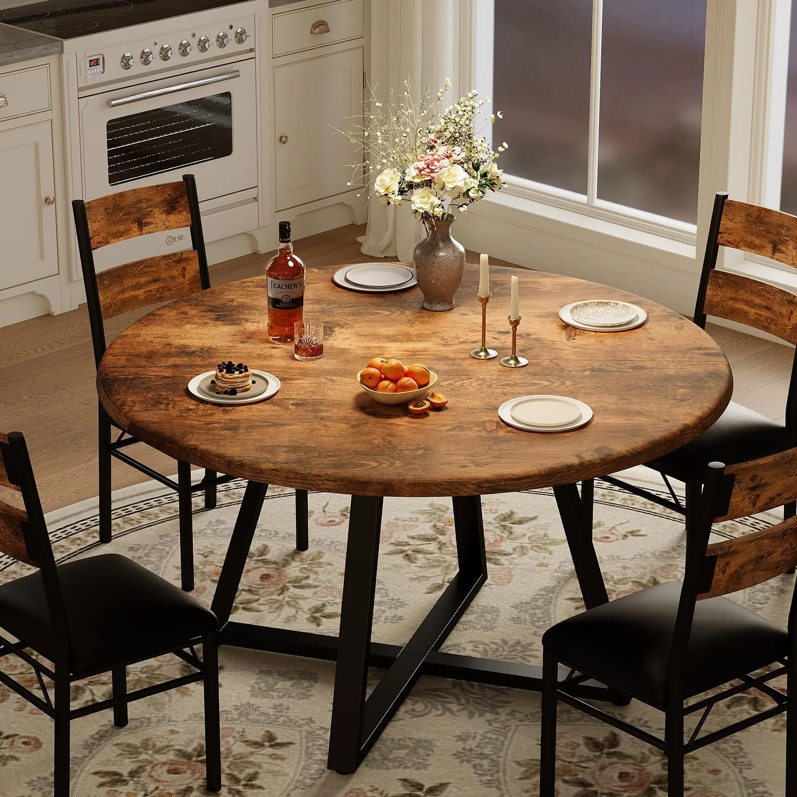 5-Piece Retro Brown Round Dining Table Set for 4, Circle Wooden Kitchen Table with 4 Unupholstered Chairs & Sturdy Thick Frame – For Kitchen, Apartment or Small Space