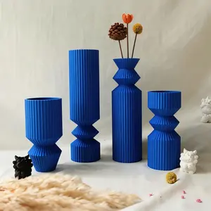 4 Piece Klein Blue Geometric Stackable 3D Print Vases, Modern Art Home Decor, Bookshelf Display, High-End Desktop Decoration