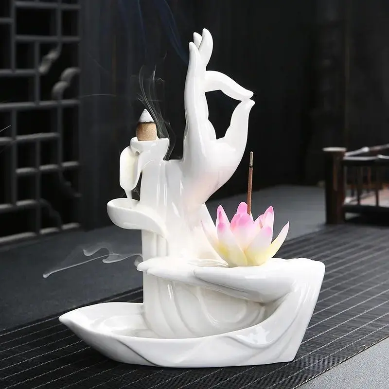 1pc, Chinese Ceramic Incense Censer Buddha Hand Backflow Incense Burner Lotus Incense Stick Holder (Without Incense) Scented Fragrance Home Fragrance Decor