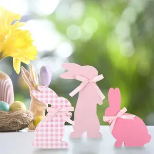 Easter Desktop Decoration 3 Pieces Wooden Bunny Sign with Bow Desktop Centerpiece, Suitable for Home Party Layered Plate Decoration