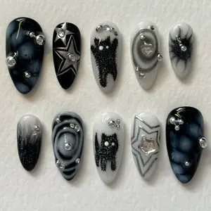 swish.nails Silver Starry Night Press-On Nails, 3D Star, Cat, Swirl Silver Gems, Black & White Marble, Cosmic Galaxy Theme, Modern Chic, Custom Handmade Art, Gift for Her