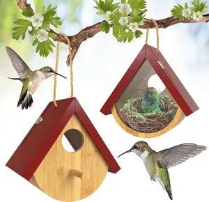 2 Pack Hummingbird House, Window View Wooden Bird Houses for Outside Hummingbird Houses for Nesting, Hanging Chickadee House for Indoor Outdoor with Hemp Ropes