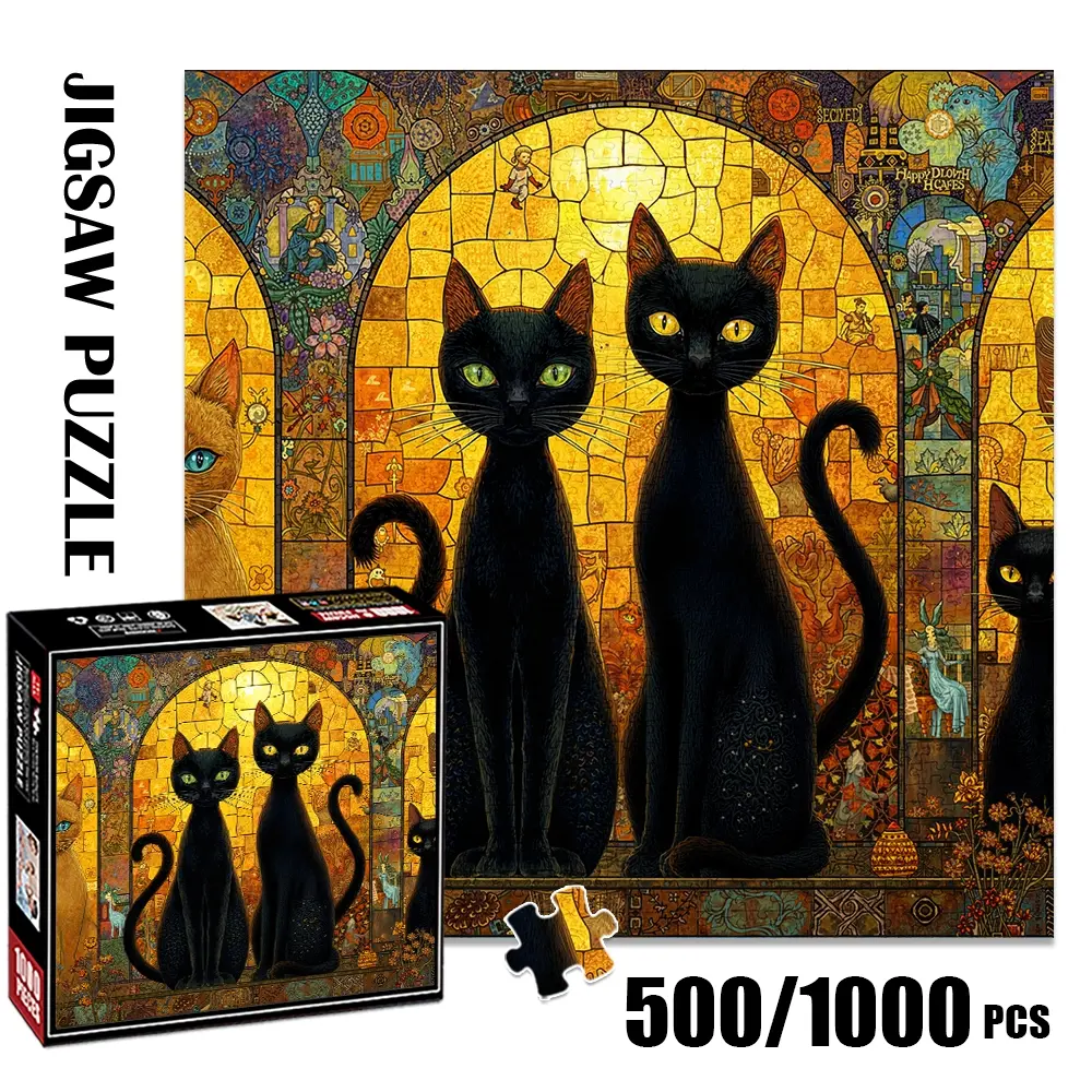 1pc 1000 piece adult puzzle 58x58cm Black Cats in Stained - Glass - Style Artwork 500 pieces paper jigsaw puzzle suitable for DIY creative games for adults and families, birthday and holiday stre