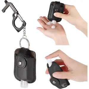 Hand Sanitizer Keychain, Hand Sanitizer Spray Holder, Premium PU Leather Travel Size Bottle Cases (1 oz), Refillable, Squeeze or Spray, Black, Empty