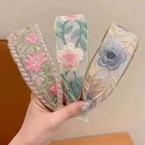 Three New Chinese-style Embroidered Flower Headbands with Ethnic Floral Patterns and Wide Edges Made of Fabric for Women Trendy Boheme Fashion Hairpiece Unique Present Holiday Gift Idea