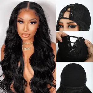 AuvzyHair 24inch V Part Wig Body Wave Glueless Clip In Extensions Thin Part Long Wavy Black Half Wig for Women Synthetic Hair No Leave Out V Part Wigs Beginner Friendly