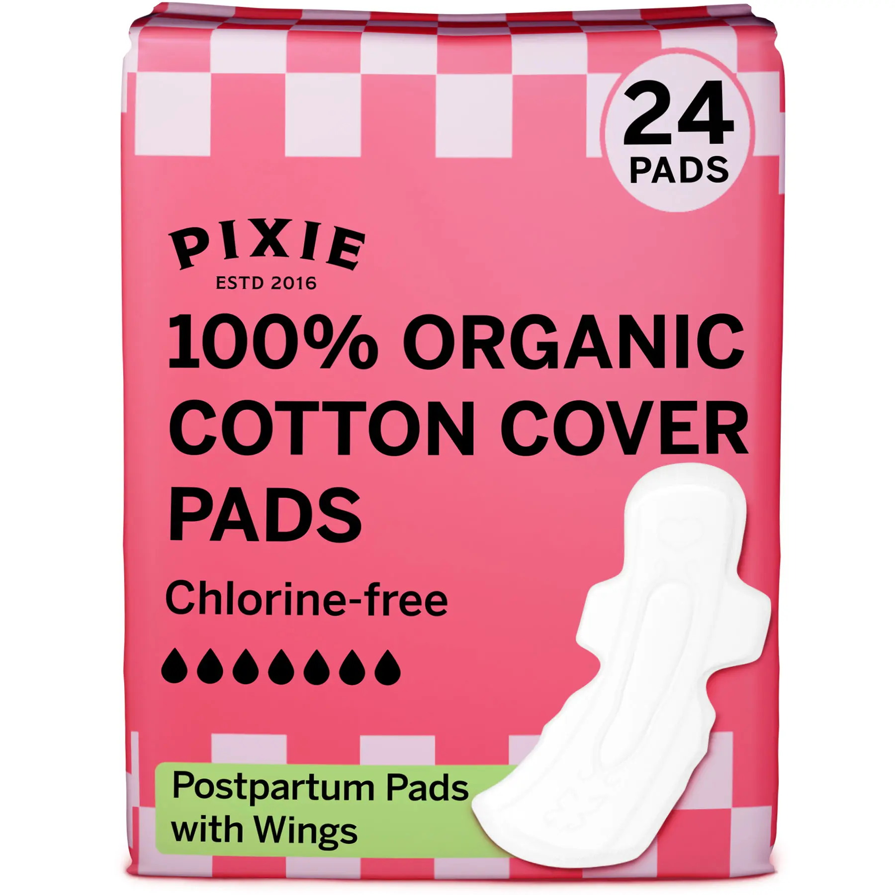 Pixie Organic Cotton Ultra Thin Postpartum Pads for Women - Extra Heavy Absorbency with Wings - Leak-Proof, Hypoallergenic & Unscented for Feminine Care - Compostable, Biodegradable - 24 Count