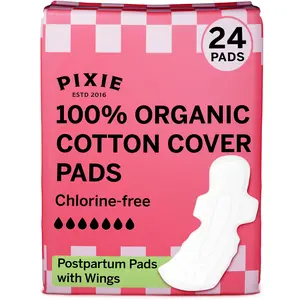 Pixie Organic Cotton Ultra Thin Postpartum Pads for Women - Extra Heavy Absorbency with Wings - Leak-Proof, Hypoallergenic & Unscented for Feminine Care - Compostable, Biodegradable - 12 Count