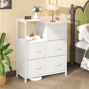 5 Drawer Fabric Dresser, 2-Tier Shelf Storage Chest, Storage Cabinet for Bedroom, Hallway, Entryway, White