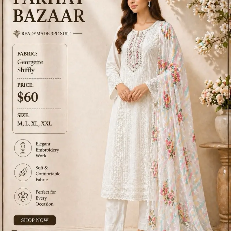 Punjabi Style 3PC Suit | White Embroidered Georgette Dress | Elegant Modest