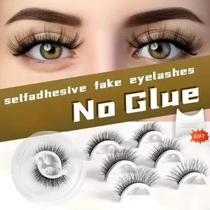 Self-Adhesive False Eyelashes Set of 3 Pairs Pre-Glued Reusable Easy to Apply Cat Eye Natural Cross Fluffy Ultra-Thick Styles for Beginners No Glue Makeup