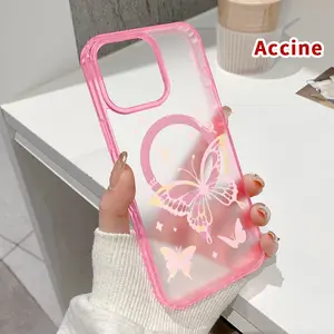 Magnetic Phone Case for iPhone 16 Pro Max 15 Plus 14 13 12 11 XS E XR Blushing Butterfly Dream Pattern Supports Wireless Charging Shockproof Soft Silicone Transparent Cover Cellphone Protective