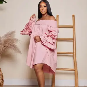 summer spring clothes Sexy Off the Shoulder Loose Midi Dresses Women Elegant Slash Neck Ruffles Petal Sleeve Tunic Straight Casual Club Party Dresses
