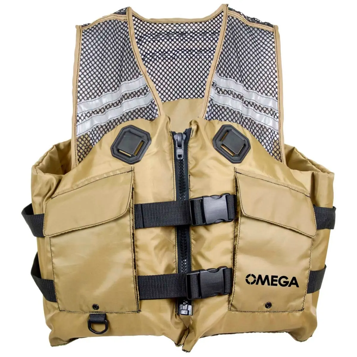 Flowt B2255132 40626-L-XL Unisex Adults' Recreational Nylon Mesh Fishing Vest - Breathable, Reflective Tape, Adjustable Belt, L-Size Buckle, Secure, USCG Approved, Tan, Large XL, 1 Person Fit