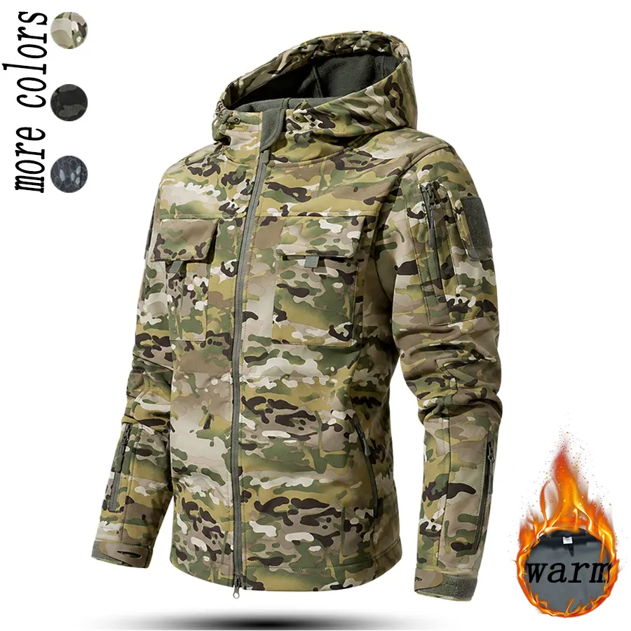 Men’s tactical camouflage jacket, fleece-lined warm hooded outerwear with multiple pockets for outdoor hiking, camping, and hunting workwear