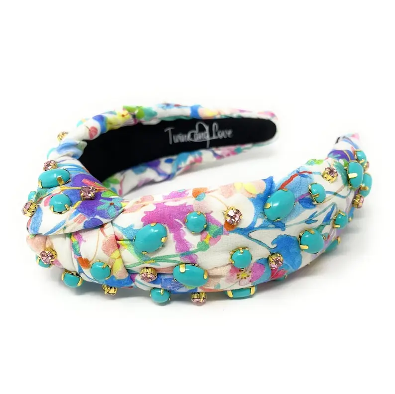 Hand Sewn Jeweled Knot Headband, Embellished Knotted Headband, Turquoise Jeweled Knotted Headband, Turquoise Luxury Statement Knot Headband