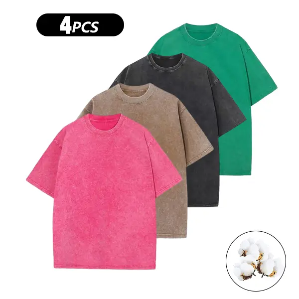 Womens 4PCS Retro T Shirts Acid Washed Baggy 100% Cotton Tee Workout Gym Shirts Short Sleeve Tops Casual Style Streetwear
