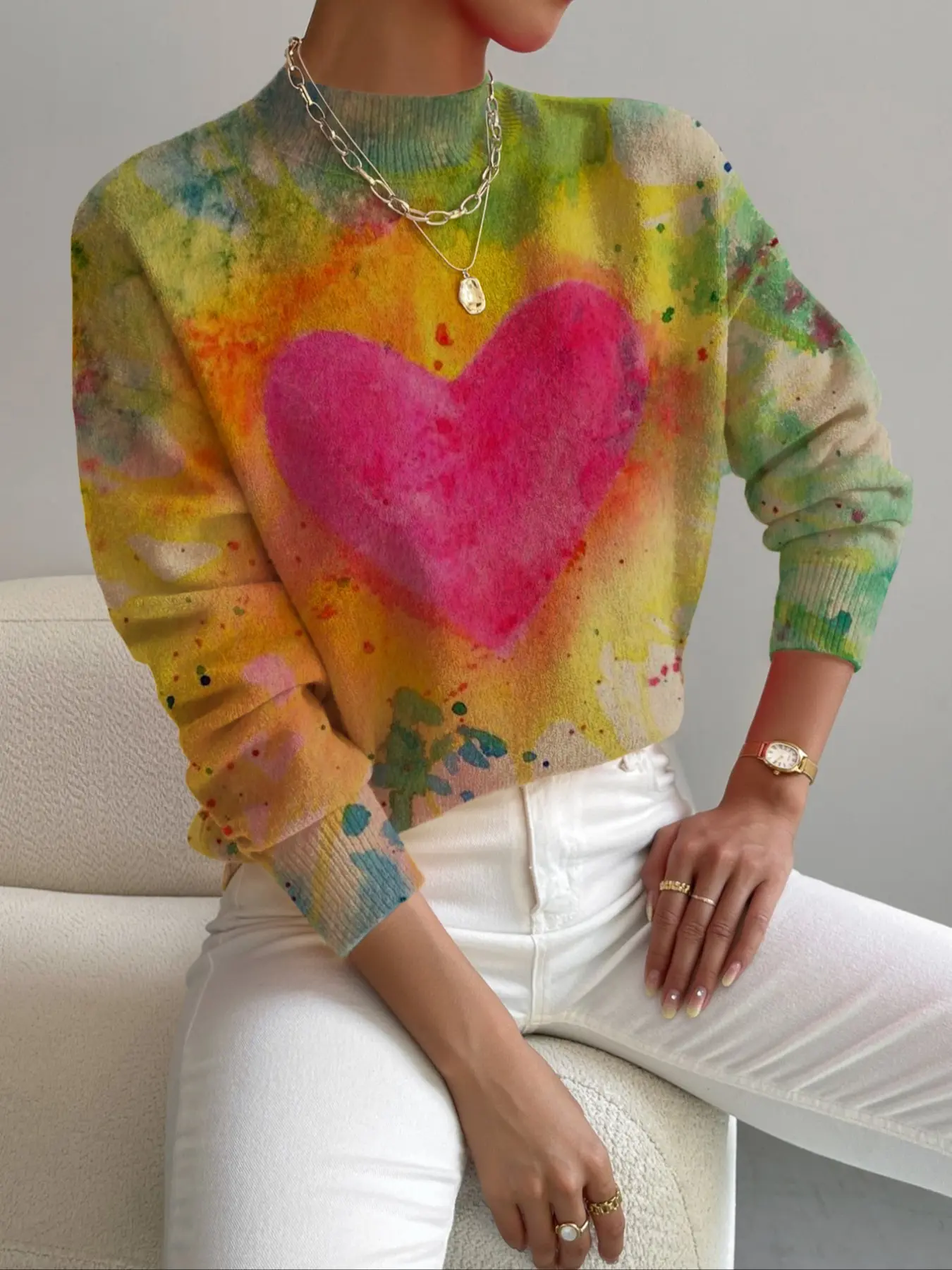 Women's Knitted Sweater with Heart Pattern, Elegant Floral Design for Fall & Winter, Perfect for Casual and Valentine's Day Gifts, Knitwear