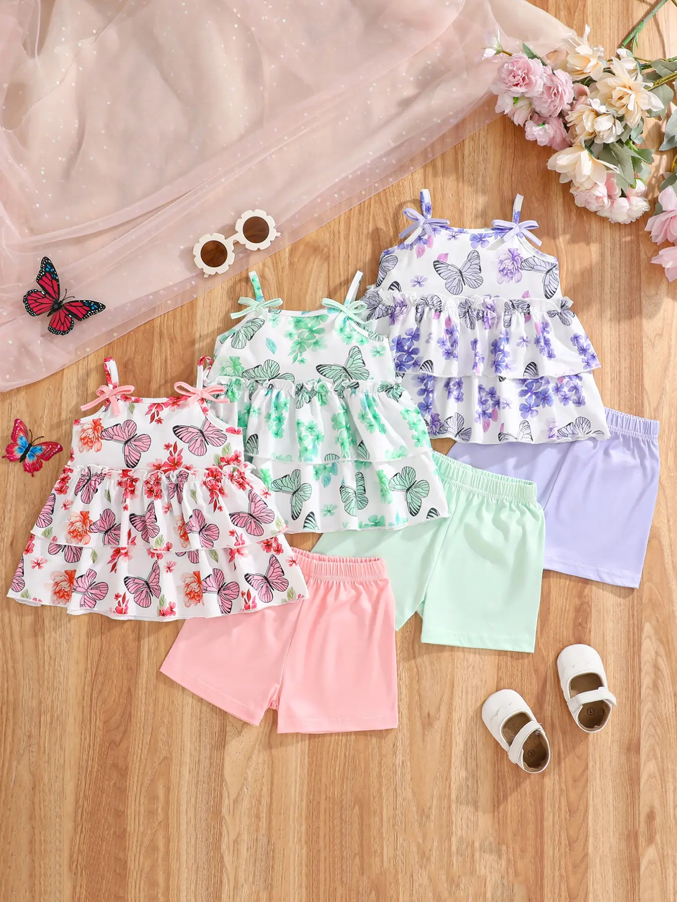 6-Piece Baby Girl Tank Top Shorts Set, Multi-Color Butterfly Flower Pattern, Summer Daily Wear Outfits, Perfect for Outdoor Play, Baby Clothing