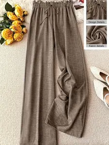Plus Size Solid Color Wide-Leg Pants Casual Loose Fit Trousers, Y2K Clothes Summer Daily Wear, Trendy Bohemian Bottoms, Boho Style Pants, Comfortable Relaxed Fit Casual Trousers, Stylish Detail Party Casual Pants, Women Vibe Chic（Fake Drawstring）