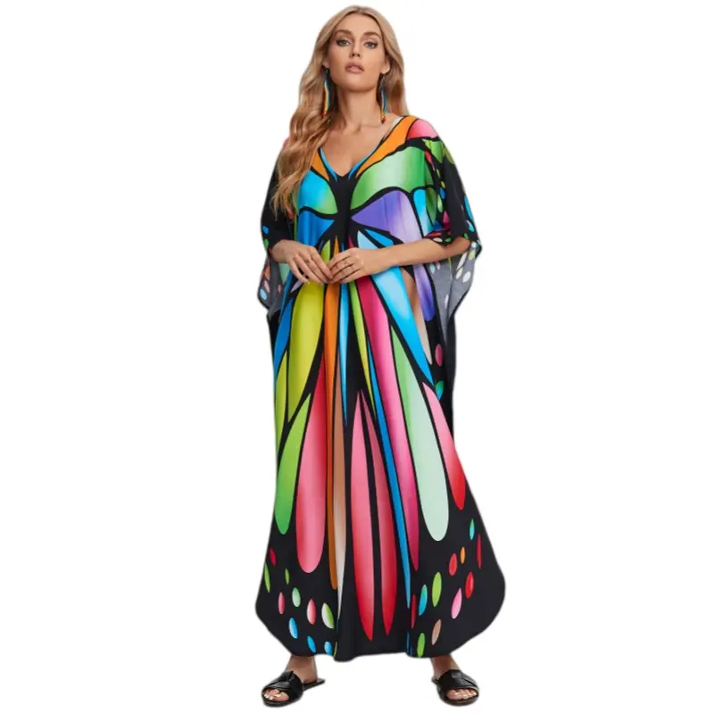 Women's Plus Size Boho Ethnic Print Moo Moo Kaftan Maxi Dress - Imported Viscose Lightweight Airy Fabric, Batwing Sleeves, Casual Boho Fit, Beach Daily Wear Pool Cover Up Lounger