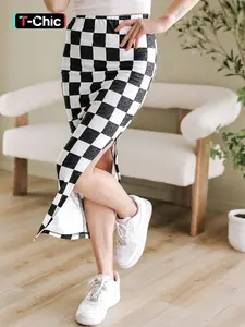 Hotapei Autumn Winter Home Commute Knit Polyester Plaid Pattern Casual High Waist Tight Fit Split Hem Street Fashion Skirt Plaid Print Skirt