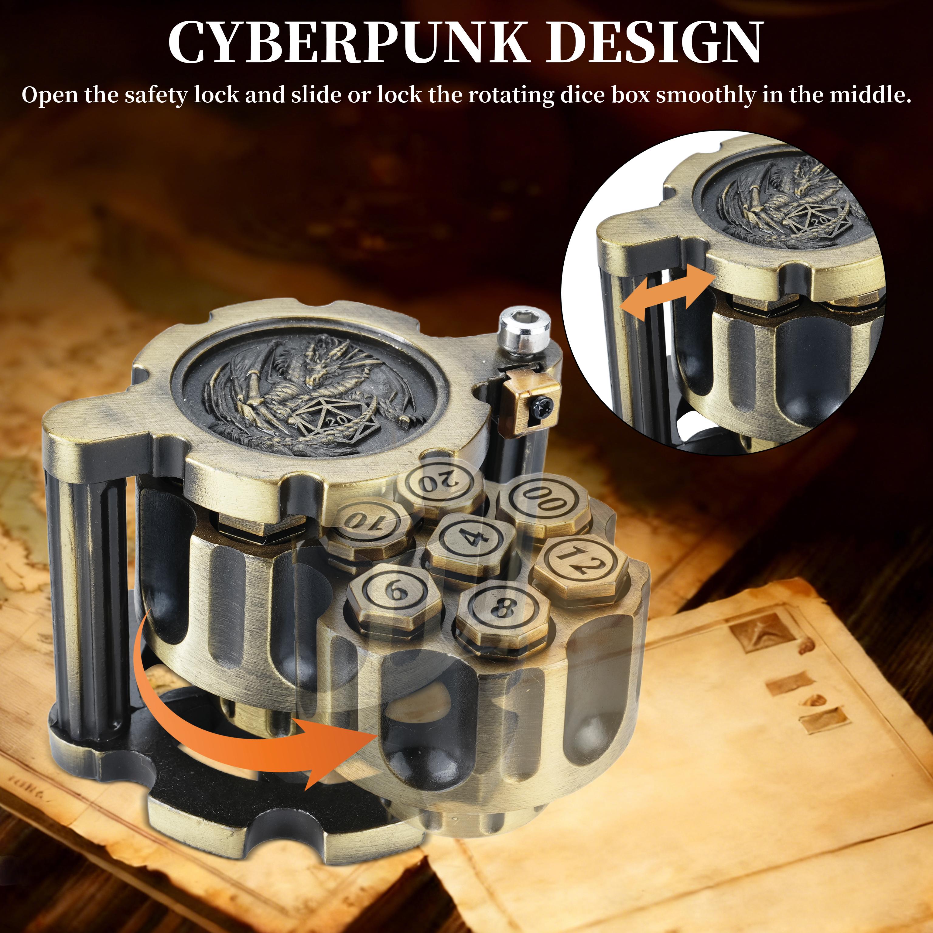 Metal RPG dice and cylinder tabletop display