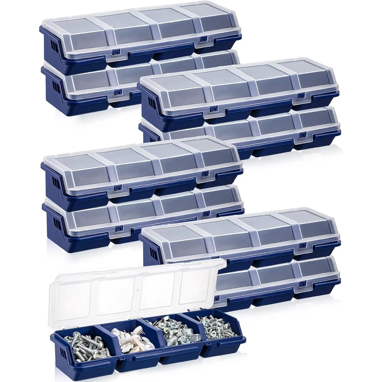 8-Piece Stackable Plastic Screw Organizer Boxes Set (12.2x4.1x2.5in) - Translucent Lids, 4 Compartments, Angled Opening, Ample Organizing Capacity, Ingenious Design Tool Bin for Nails, Hardware, Small Parts - Home Organizer for Garage, Craft Corner