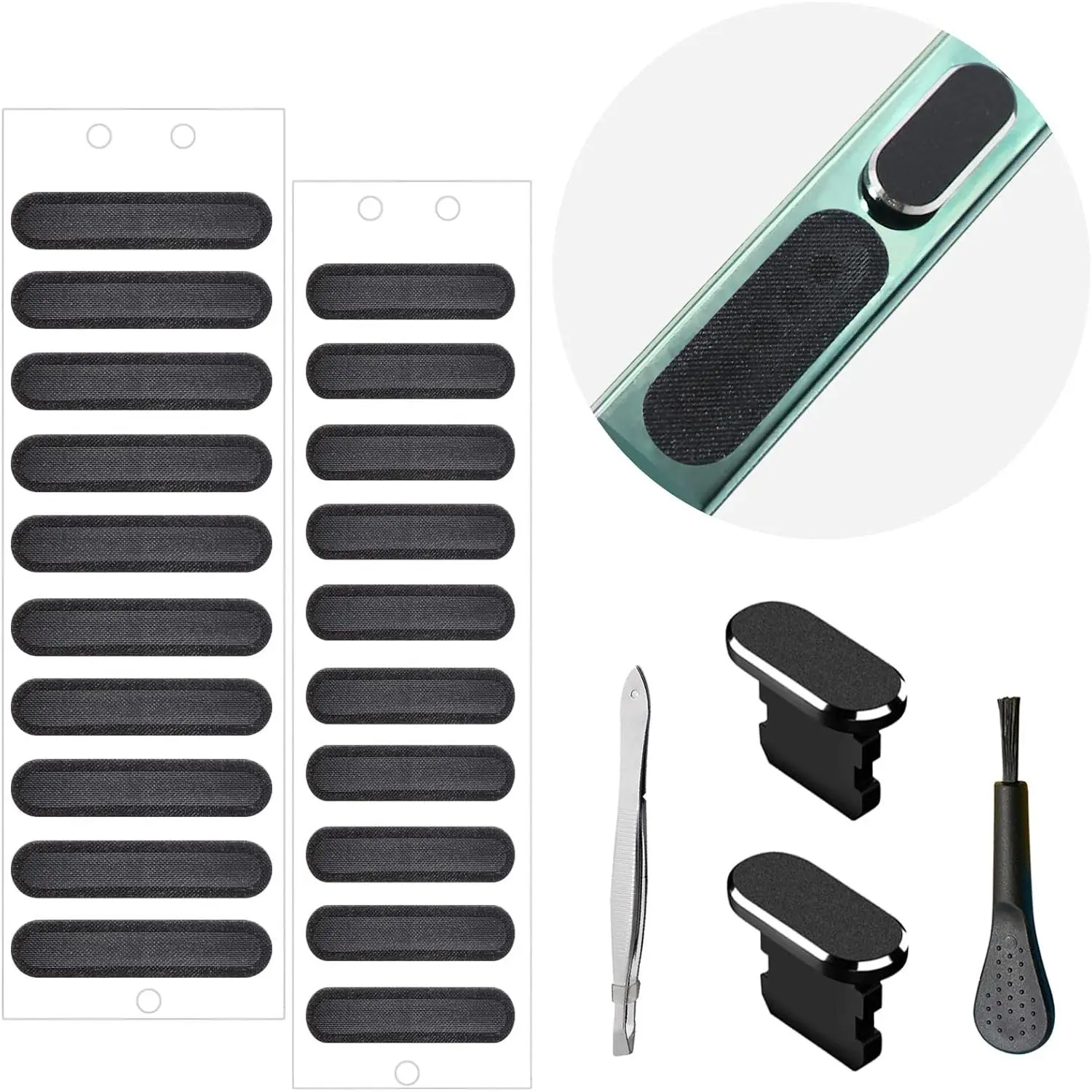 Smartphone Metal Speaker Sticker Protector Set - Synthetic Mesh Anti-Dust Adhesive Covers, Port Cleaning Brush, Tweezer, Anti-Dust Plug for iPhone 14,13,12 Pro Max,11 (Black) | Handheld Devices Accessories