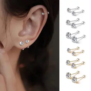 3 Pairs Luxurious Women Silvery Plated Ear Stud Elegant Exquisite Shiny Cubic Zirconia Earrings Set Cartilage Piercing Silvery Stud Earrings Jewelry Set