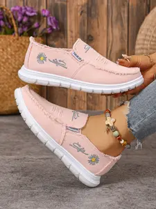 Women's Daisy Embroidered Canvas Slip-On Shoes - Fringe Trim Casual Loafers for Everyday & Summer Wear Footwear