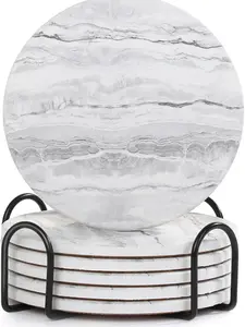 Drink Coasters with Holder for Coffee Table, Absorbent Coaster Set of 6, Marble Style Ceramic Coaster for Wooden Table, Suitable for Kinds of Cups, Home Decor, 4 Inches