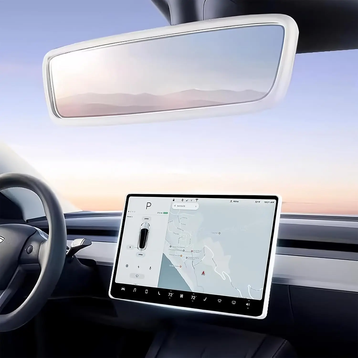 2PCS Protector Trim Frame Compatible with Tesla Model 3 Y 2020-2024 2026 Screen Edge Frame Rearview Mirror Cover Interior Silicone Decorations Center Console Decor Highland Juniper Accessories (White)