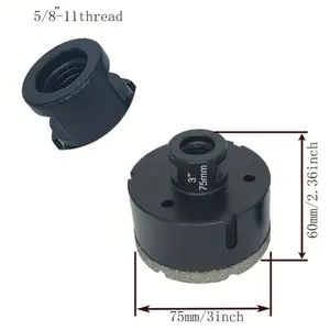 1pc Dry Or Wet Diamond Core Drill Bit Set Diameter 3 Inch 75mm Tile Hole Saw Kit For Glass Brick Ceramic Granite Marble Stone Porcelain Quartz Concrete Masonry Wood With 1pc 5/8-11 Thread Plus 3/8 Inch Hex Shank Drill Adapter Black Cutting