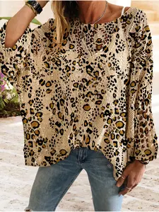Women's Leopard Print Long Sleeve Knit Top, Casual Elegant Vacation Style Womenswear Sweater Knitwear, Loose Fit Batwing Shoulders, Spring Summer Fall Fashion