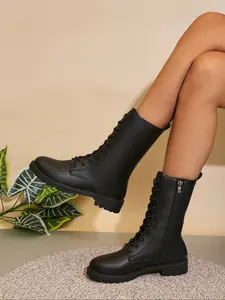 New Classic Mid-Calf Boots, Lace-Up Side Zipper Design, PU Leather Upper, Casual Style for Fall & Winter, Elegant Boots