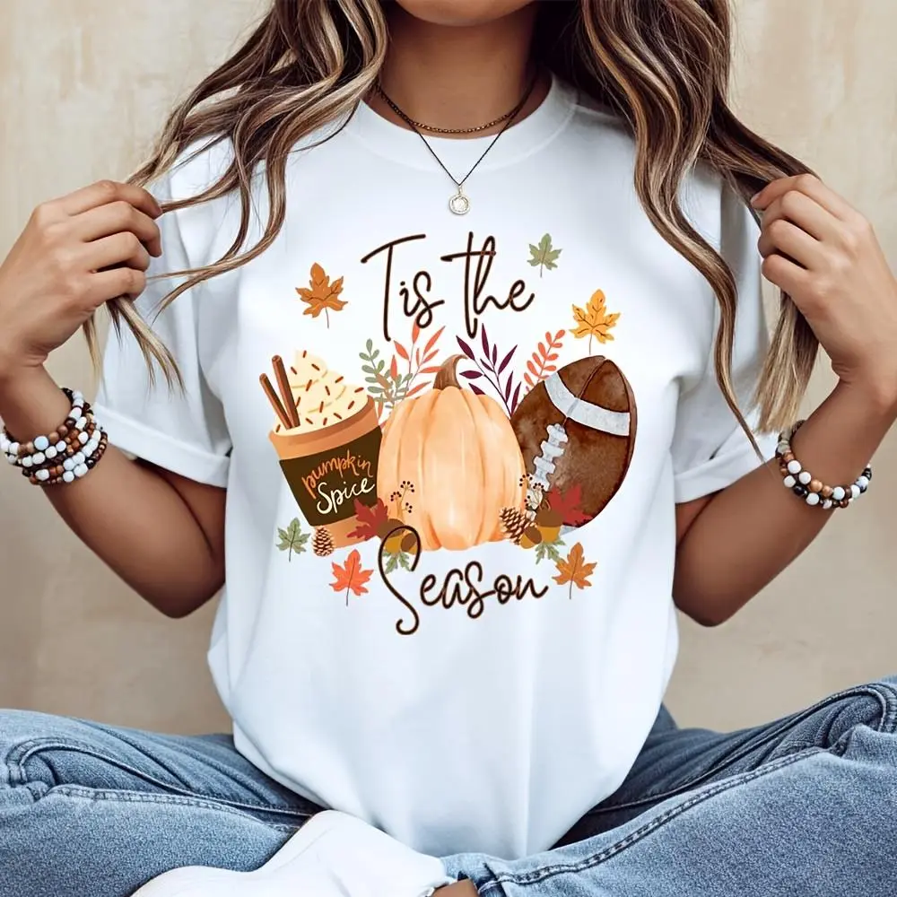 Tis The Season Pumpkin Spice Football Fall Leaves Print T-Shirt, Autumn Thanksgiving Halloween Graphic Tee, Casual Fall Festival Game Day Ou