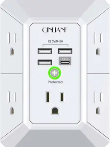 Wall Charger, Surge Protector, QINLIANF 5 Outlet Extender with 4 USB Charging Ports, 3-Sided 1680J Power Strip Multi Plug Adapter Spaced for Home Travel Office