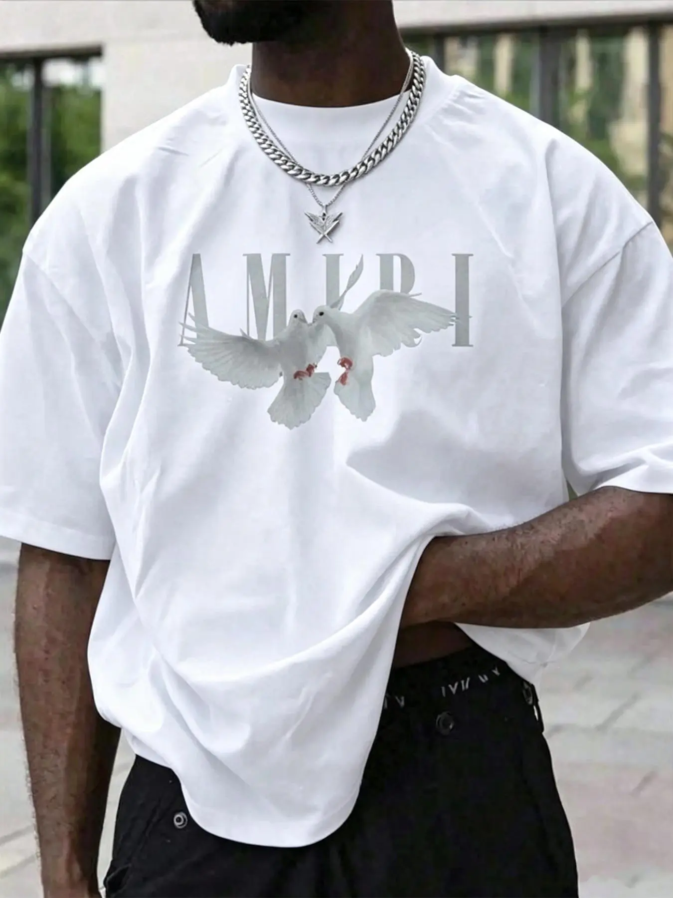 Men’s graphic T-shirt featuring pigeon and letter prints, oversized fit | Casual hip-hop top, stylish Y2K street fashion apparel
