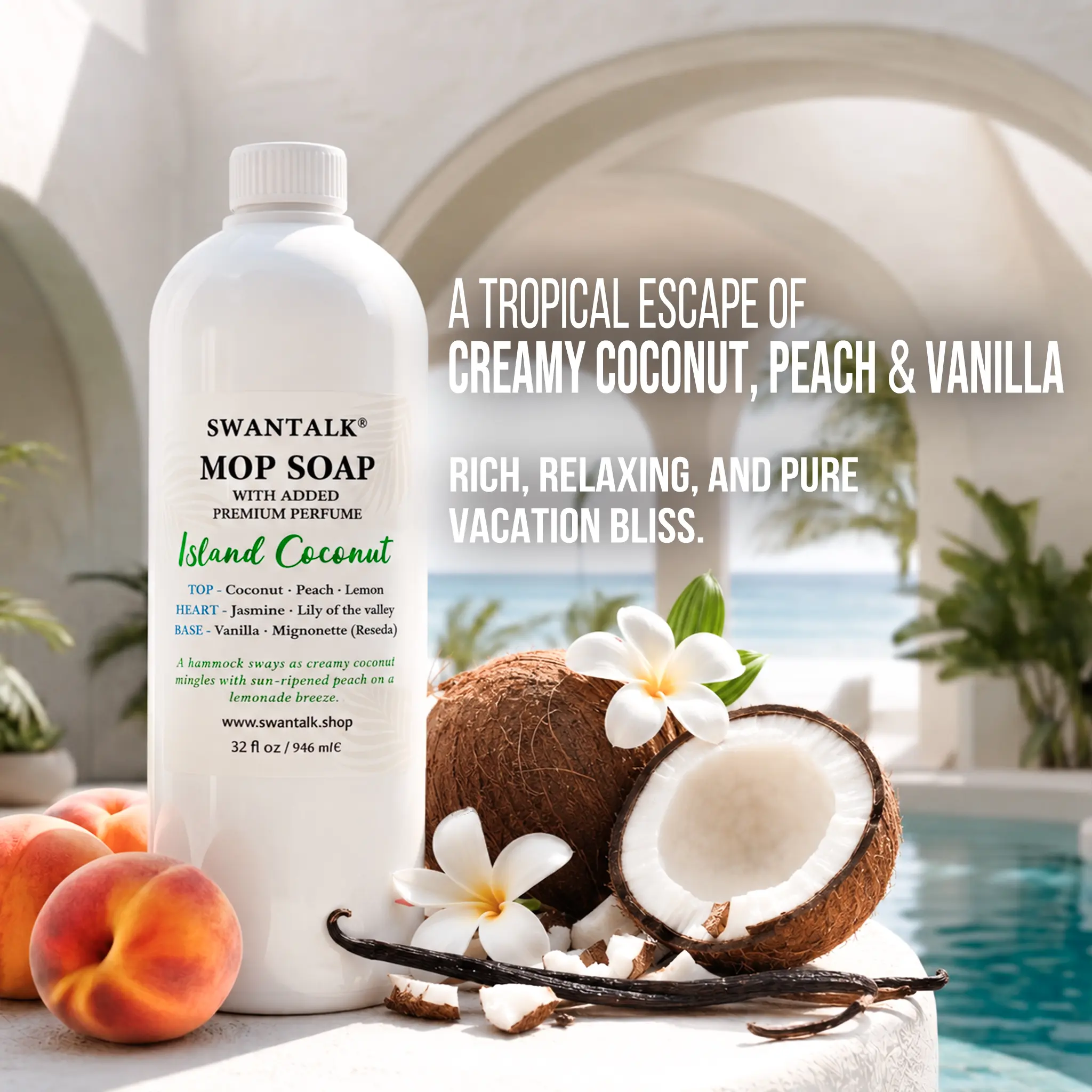 SWANTALK Mop Soap Island Coconut – 32oz Highly Scented 4X Concentrated Floor Cleaner for Tile, Laminate, Vinyl & Sealed Hardwood, Pet Friendly