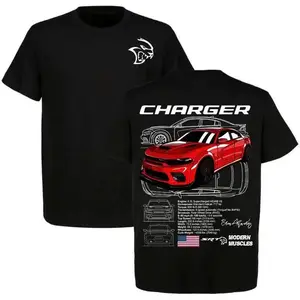 Classic SRT Charger Hellcat Redline T-Shirt, 100% Premium Heavy Cotton Supercharged V8 Blueprints Tee, Retro 1990s Muscle Car Style Top, Luxury Car Guy Father's Day Gift