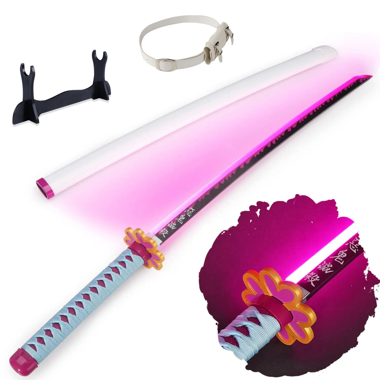 LED Light Up Cosplay Sword, 41-Inch Kanroji Mitsuri Replica, Plastic Demon Slayer Prop for Anime Fans with Belt and Display Stand, Light Up Sword, Katana Sword