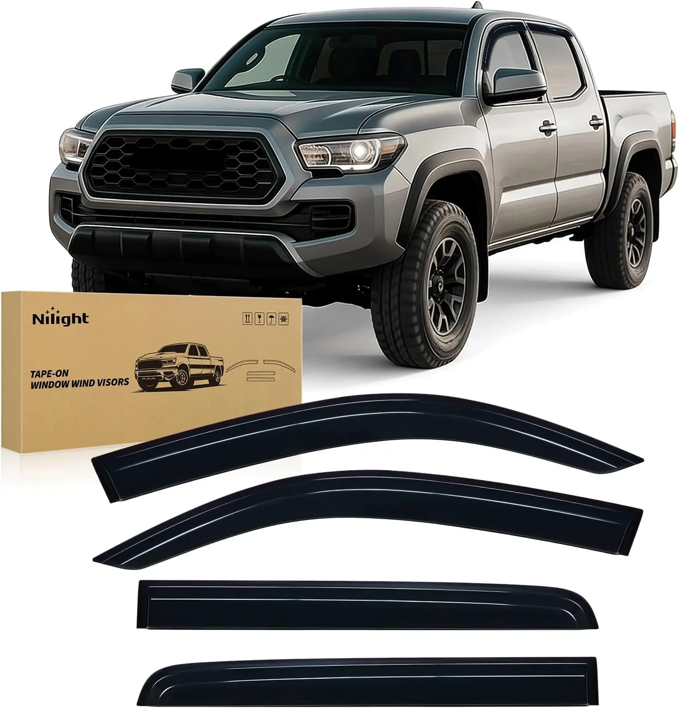 Nilight Out-Channel Vent Window Visors - 4PCS Automotive Wind Deflectors, Accessories for Car, Exterior Auto Parts for Toyota Tacoma Double Cab Truck 2016-2023