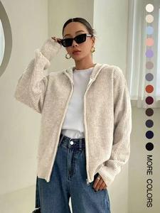 women's solid color zip up hooded sweater cardigan, casual long sleeve knitwear for fall & winter, fashion ladies' knit clothing for daily wear